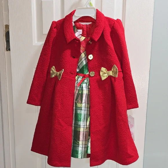 Bonnie Jean Red Coat with Gold Bow Accents and Plaid Dress Kid Size 4T - Picture 3 of 12